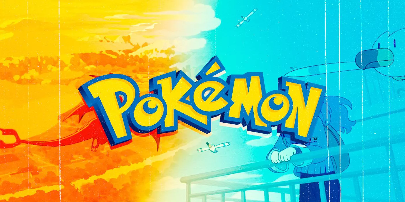 El logo del anime de Pokemon sobre escenas de fondo de Wingull y Charizard.