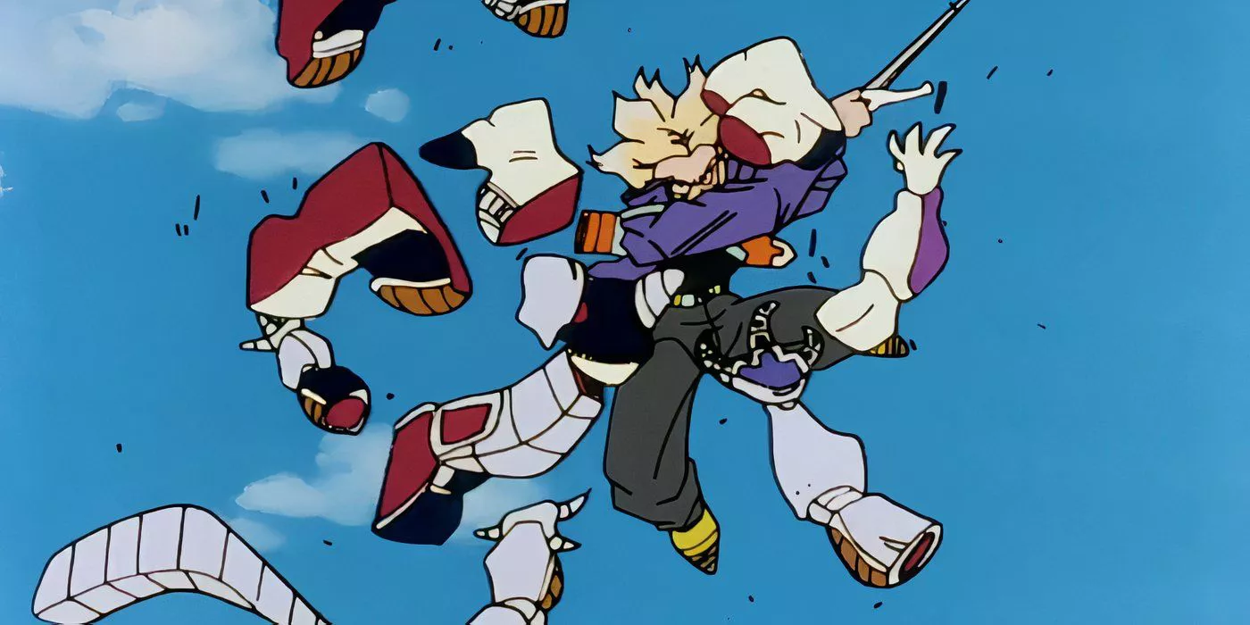 Future Trunk slices Mecha-Frieza into many pieces in Dragon Ball Z.