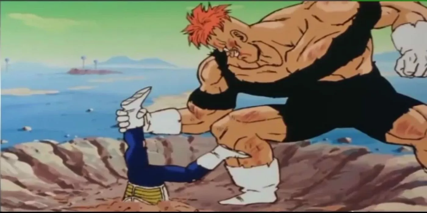 Recoome beats up Vegeta and pulls him out of the ground in Dragon Ball Z.