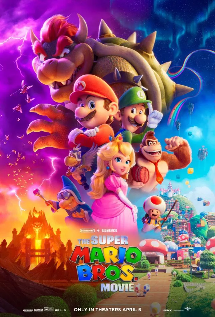 Mario, Luigi, Peach, Donkey Kong y Bowser posando en el póster de La película Super Mario Bros.