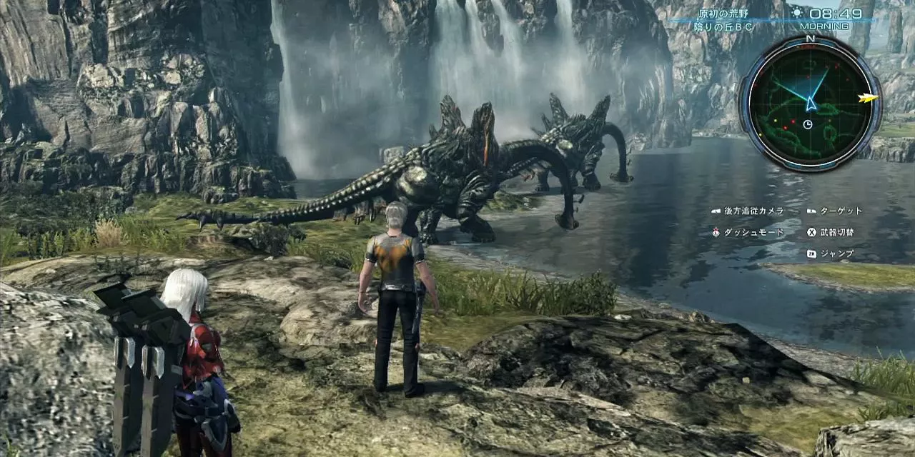 The player looks on at enemy monsters in Xenoblade Chronicles X