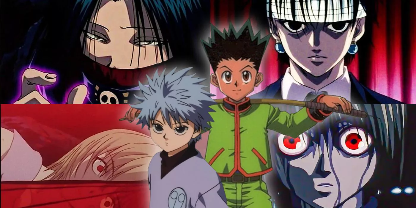 Gon & Killua Foreground. Kurapika with Red Eyes background (bottom) Feitan (top left) and Chrollo (top right) in the background as well. Hunter X Hunter 1999