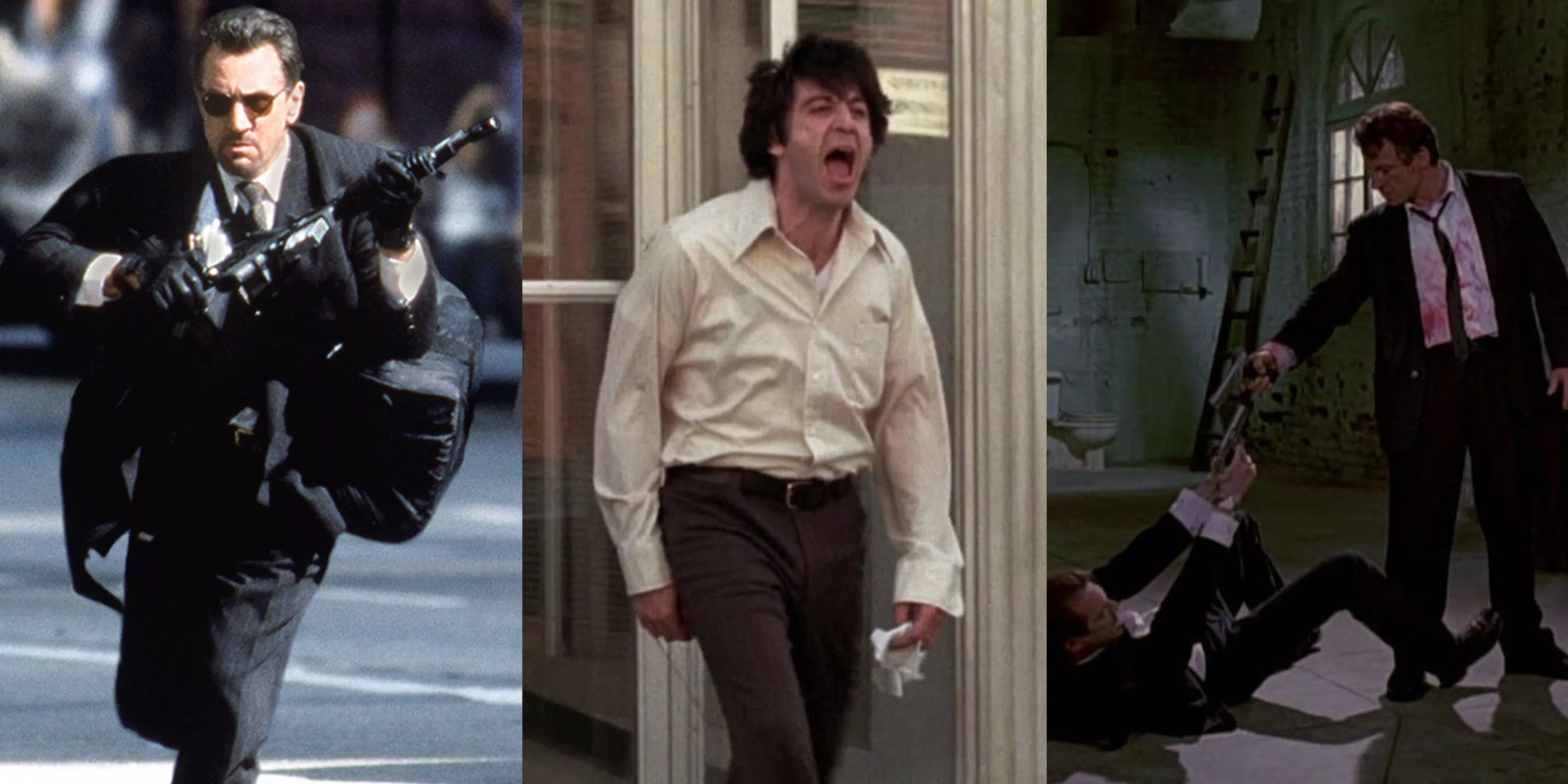 Una imagen dividida de Robert De Niro en Heat, Al Pacino en Dog Day Afternoon y Harvey Keitel en Reservoir Dogs