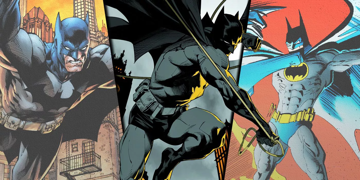 Split image of Batman by Jim Lee, Dan Mora, and Norm Breyfogle