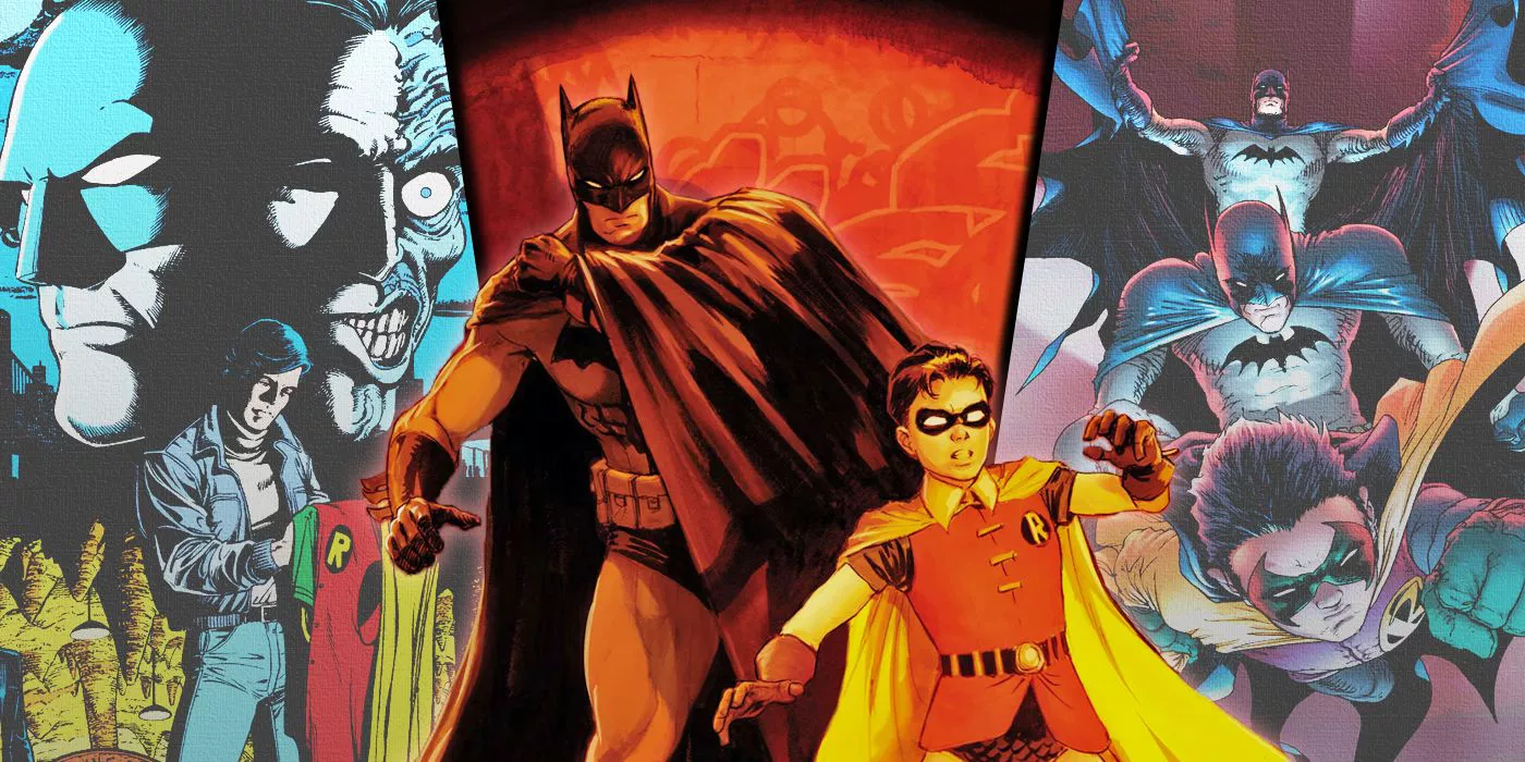 Batman and Robin with important moments from DC's Dynamic Duo