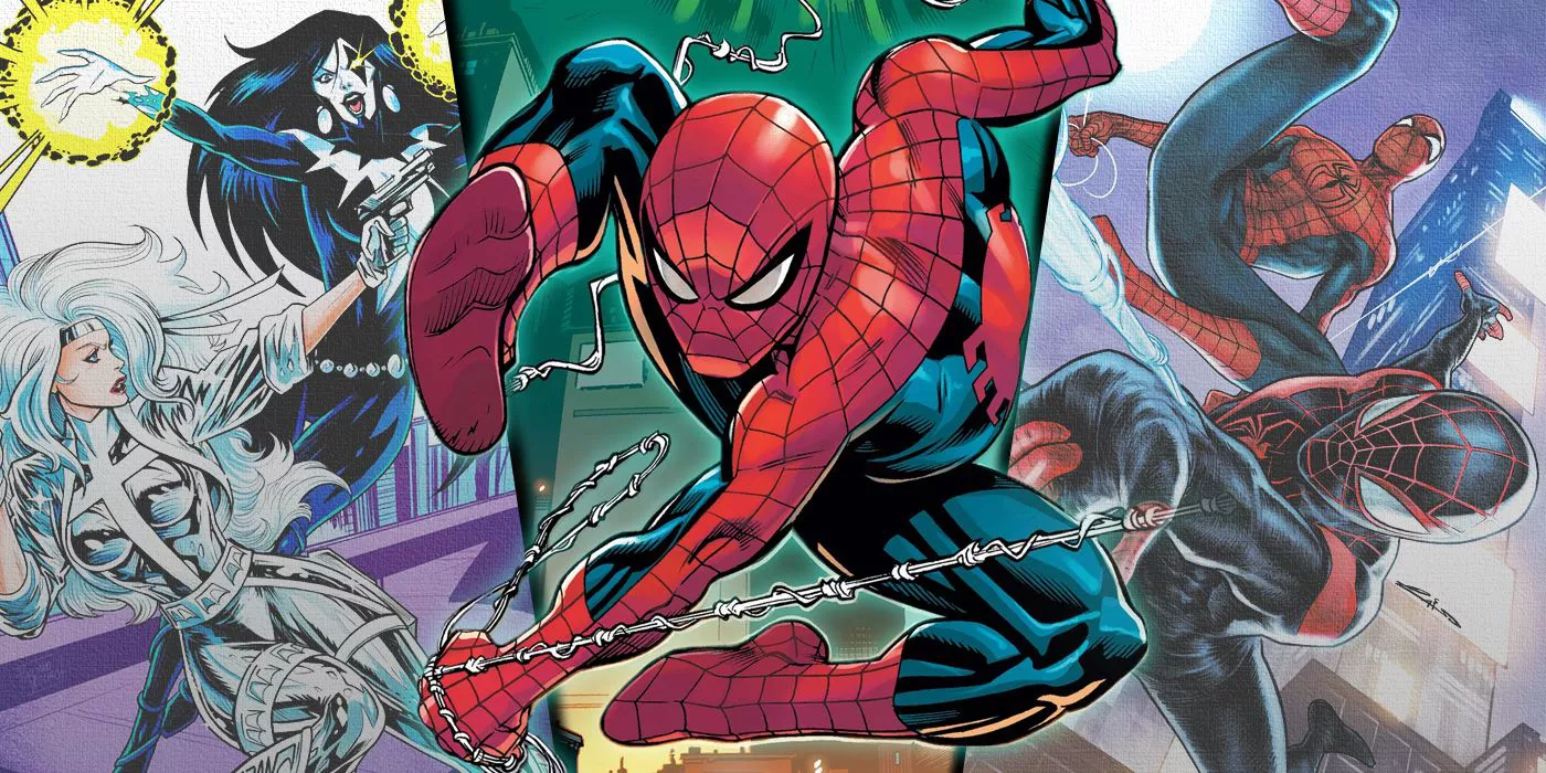 Split image of Spider-Man (Peter and Miles) with Silver Sable and Shriek fighting