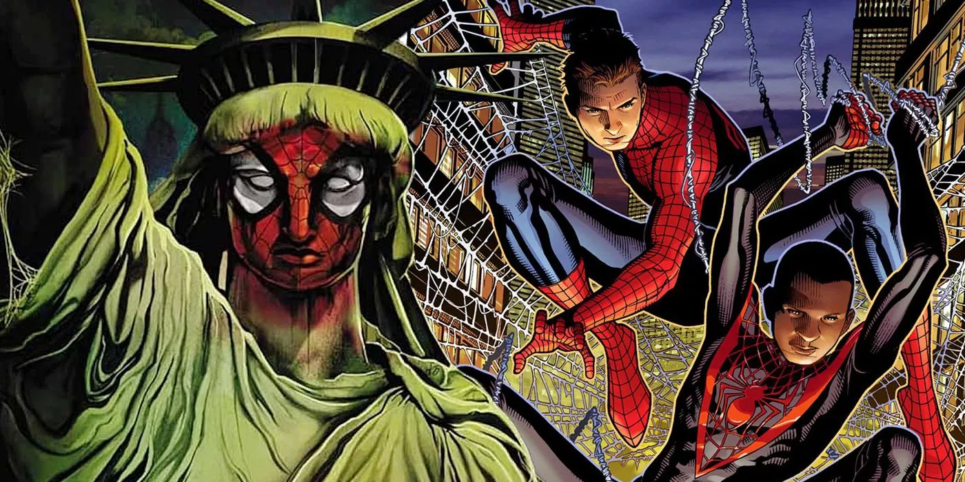 A ppiderized Statue of Liberty from Spider-Island with Peter Parker and Miles Morales swinging from Spider-Men