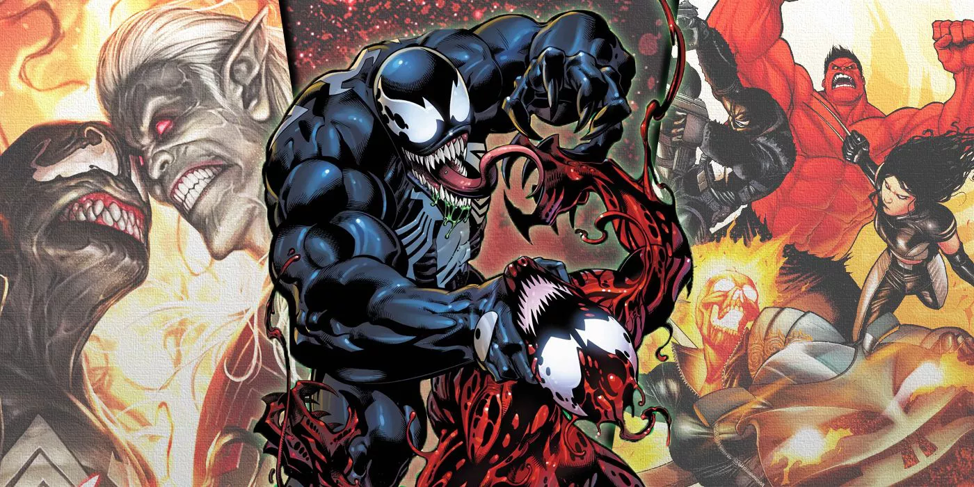 Split image shows Venom fighting Knull, Carnage, and alongside the Circle of Four heroes