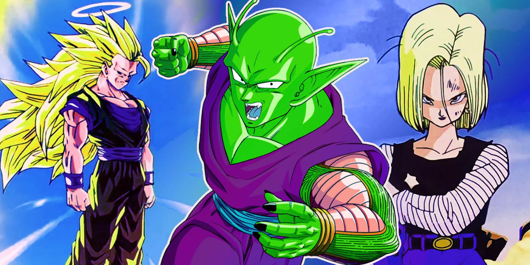 Super Saiyan Goku, Piccolo and Android 18 from anime Dragon Ball Z