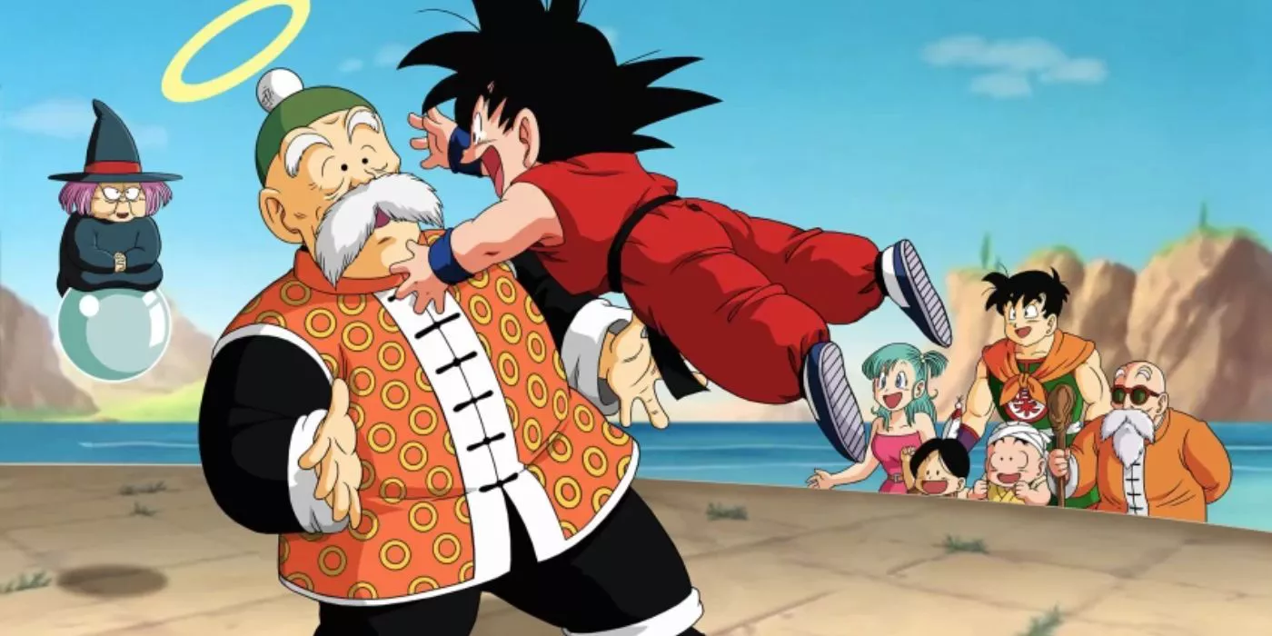 Goku is reunited with his grandpa Gohan as he friends watch in Dragon Ball.