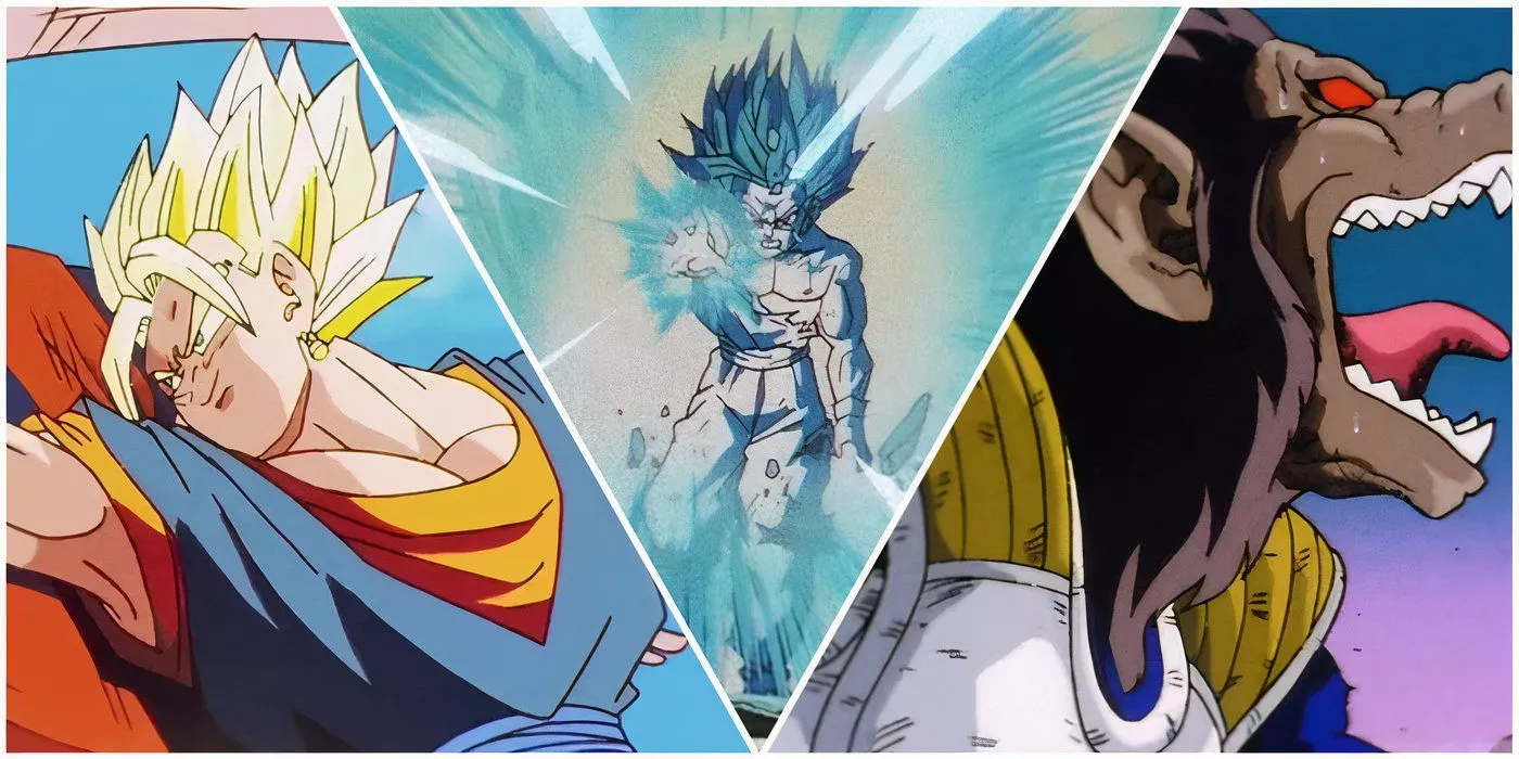 Vegito, Super Saiyan 2 Gohan, and Great Ape Vegeta from Dragon Ball Z.