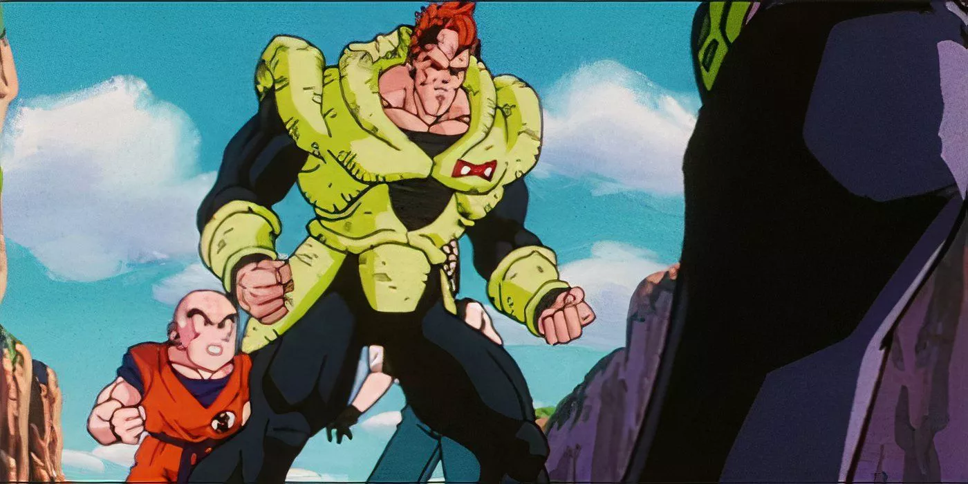 Android 16 defends Krillin against Cell in Dragon Ball Z.