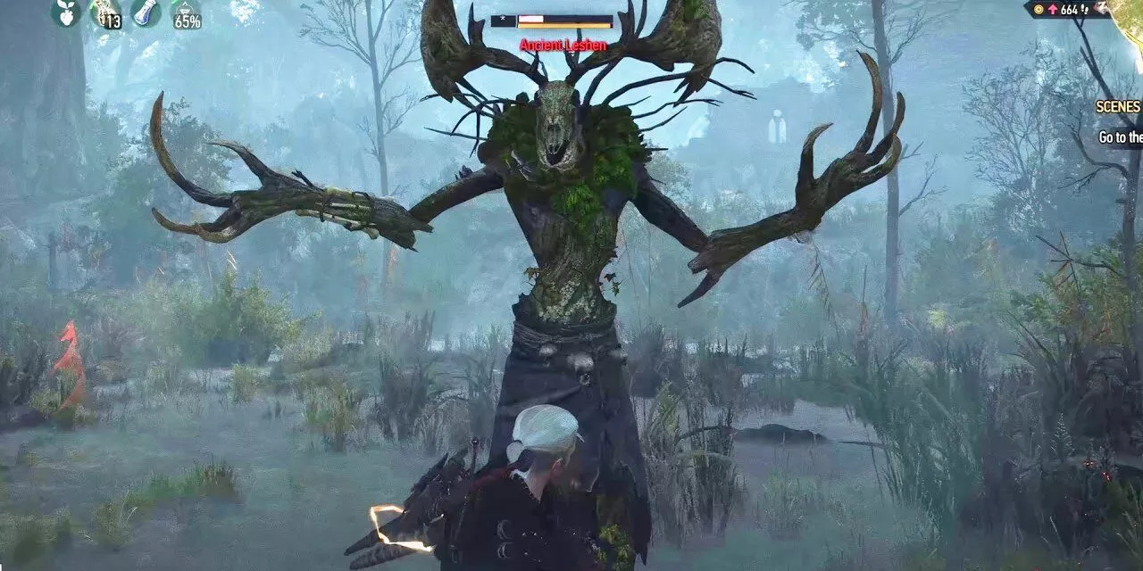 Un Leshen extiende sus brazos frente a Geralt, preparado para atacar