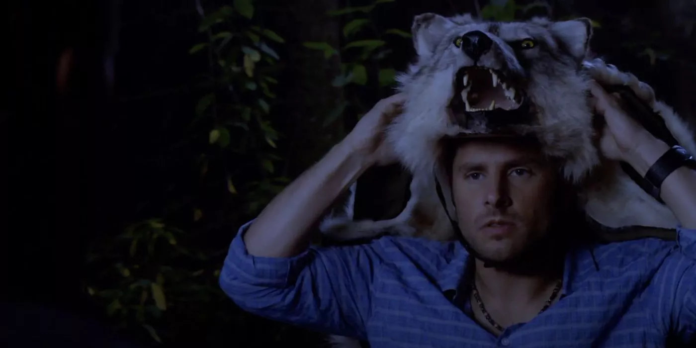 Shawn with wolf pelt in Psych