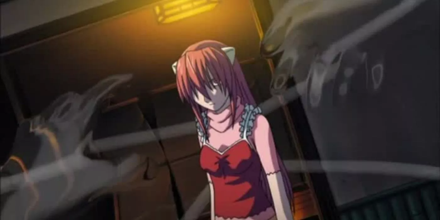 Lucy Usando Sus Brazos Invisibles para matar humanos indefensos en Elfen Lied