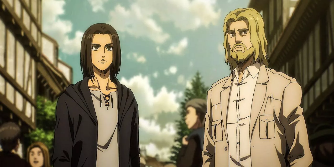 Eren y Zeke Yeager miran hacia adelante en Attack on Titan.