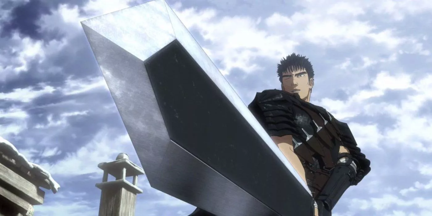 Guts bajo un cielo nublado con su espada desenfundada en Berserk.