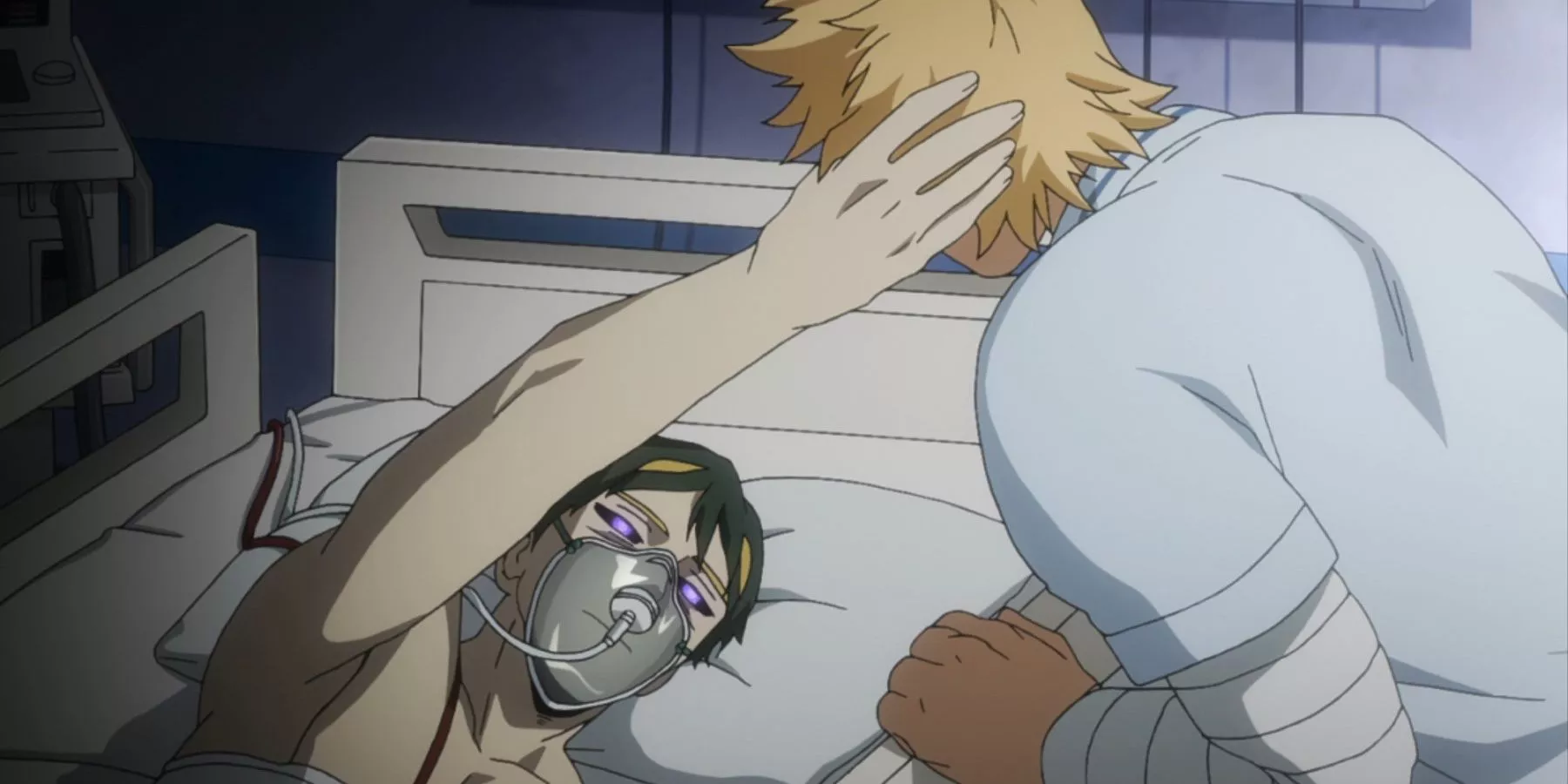 Hospitalizado Sir Nighteye usa su Quirk de Previsión con Mirio Togata para ver su futuro.