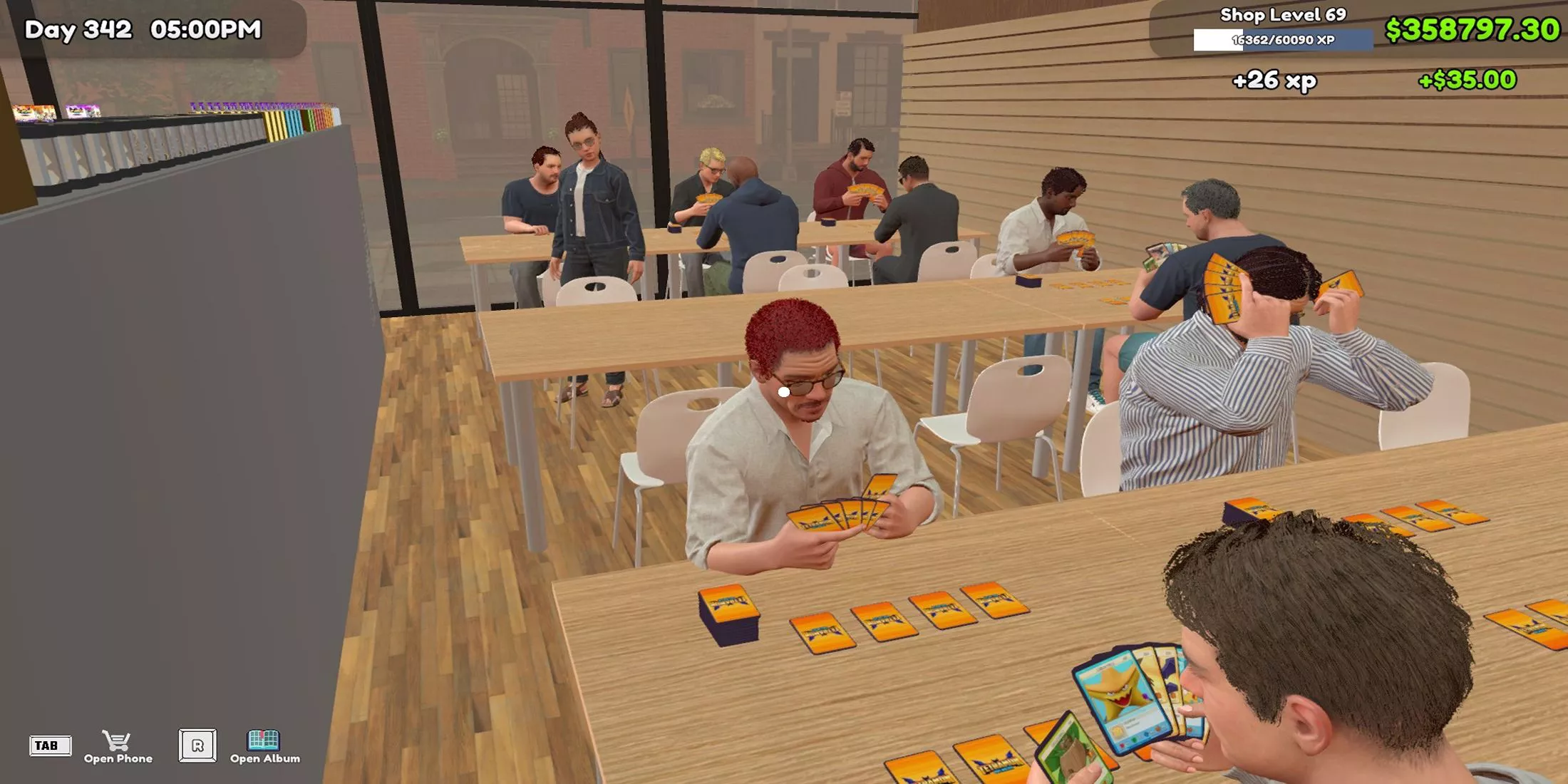 A screenshot from TCG Card Shop Simulator featuring store patrons playing card games.