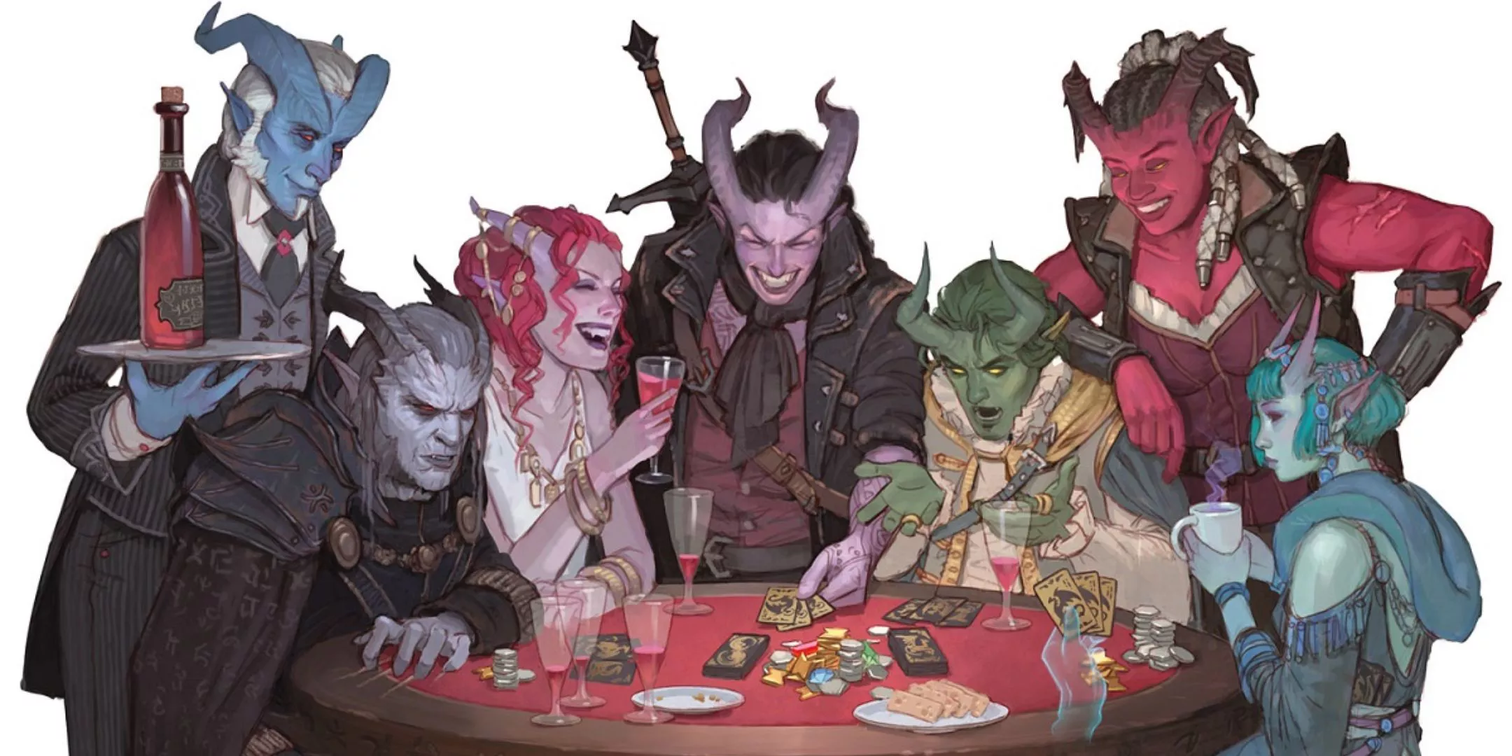 A party of Dungeons & Dragons tieflings drink wine while playing a card game at a table in a DnD 5e tavern