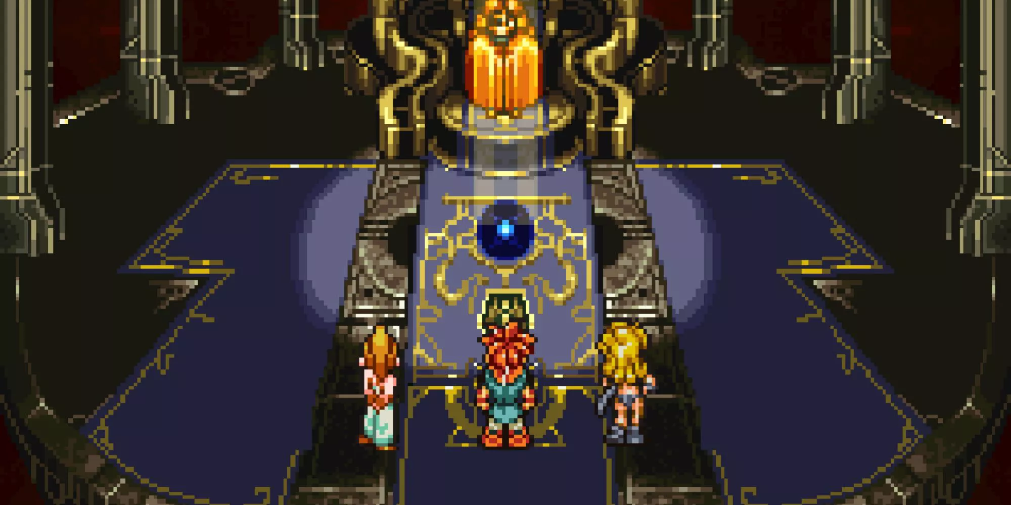 Una escena que presenta a Marle, Crono y Ayla hablando con Dalton en Chrono Trigger