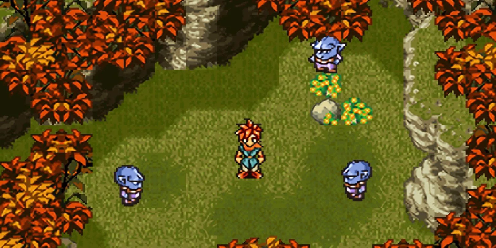 Un personaje de pie en el bosque con enemigos en Chrono Trigger