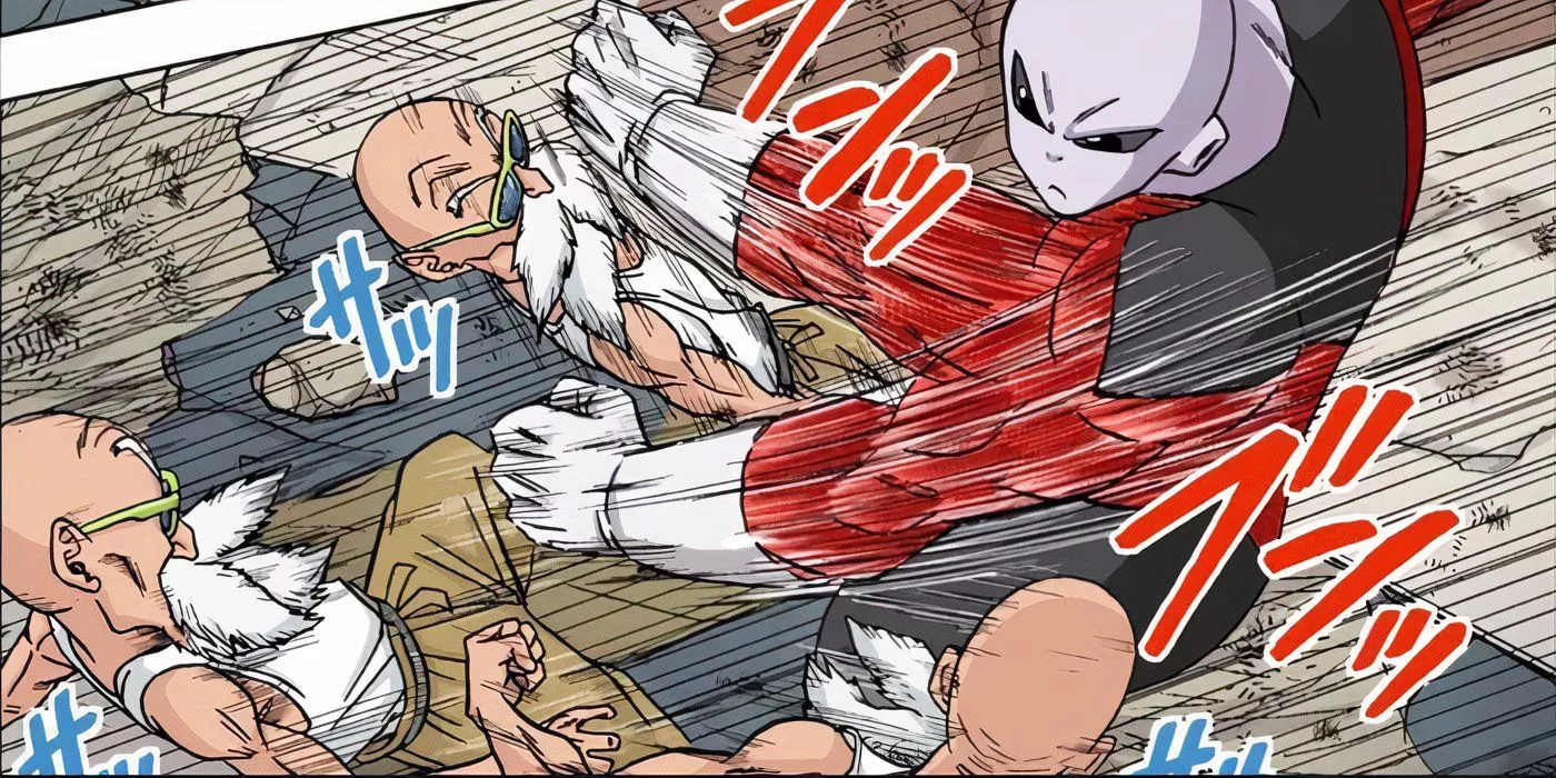 Ultra Instinct Master Roshi evades Jiren's punches in Dragon Ball Super manga.