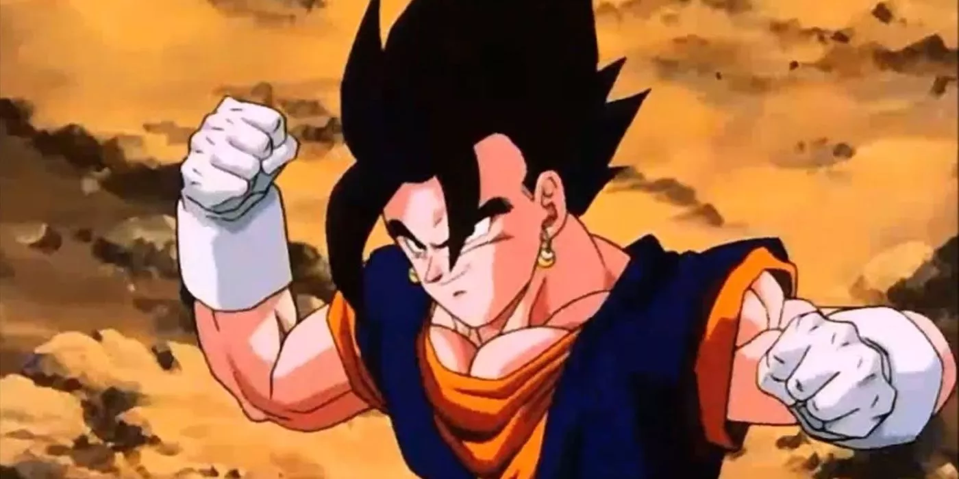 Goku and Vegeta fuse into Vegito for the first time in Dragon Ball Z.