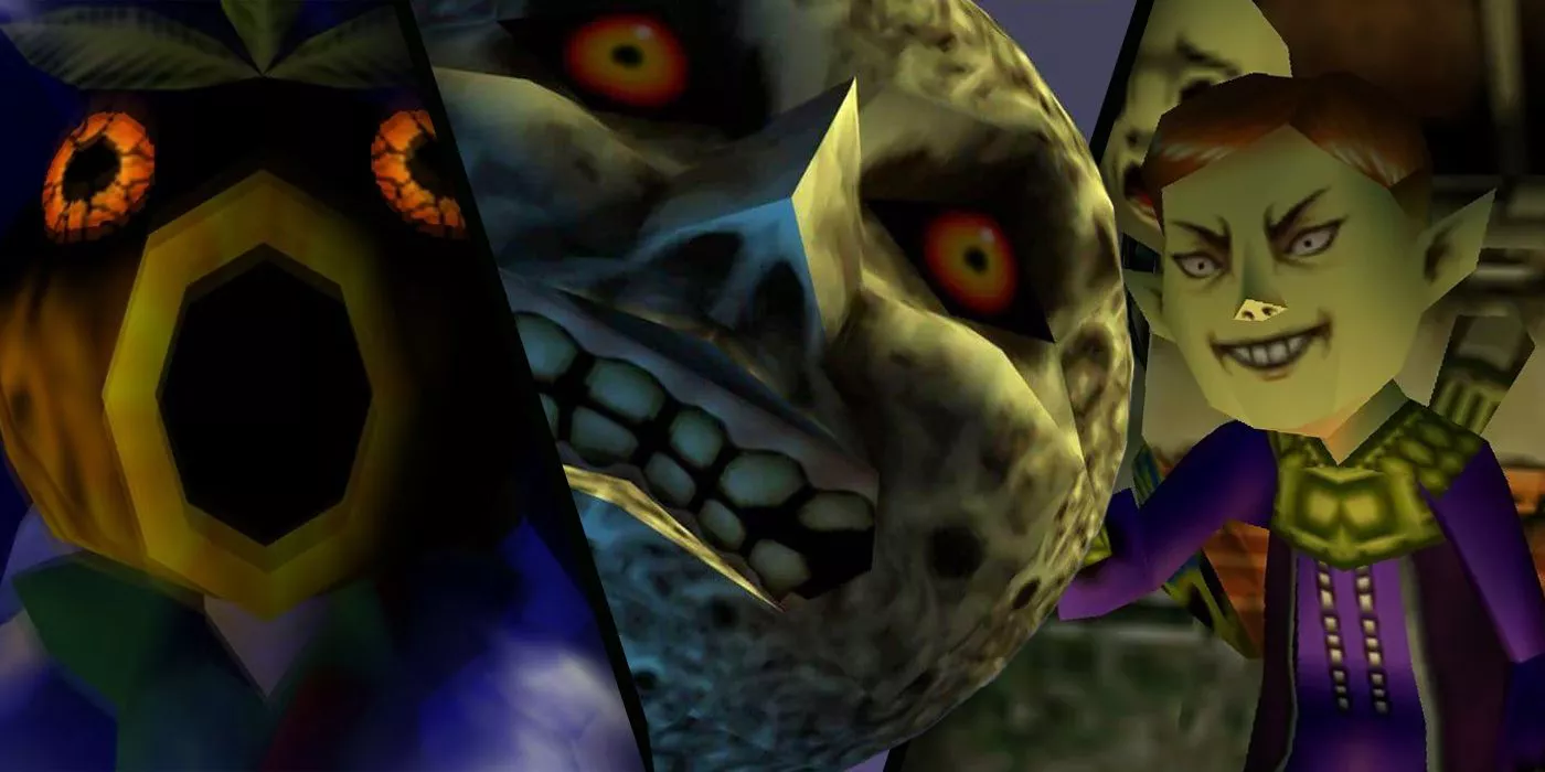 Máscara de Deku Scrub (izquierda), la Luna (centro) y el Vendedor de Máscaras Feliz (derecha) en Zelda: Majora's Mask