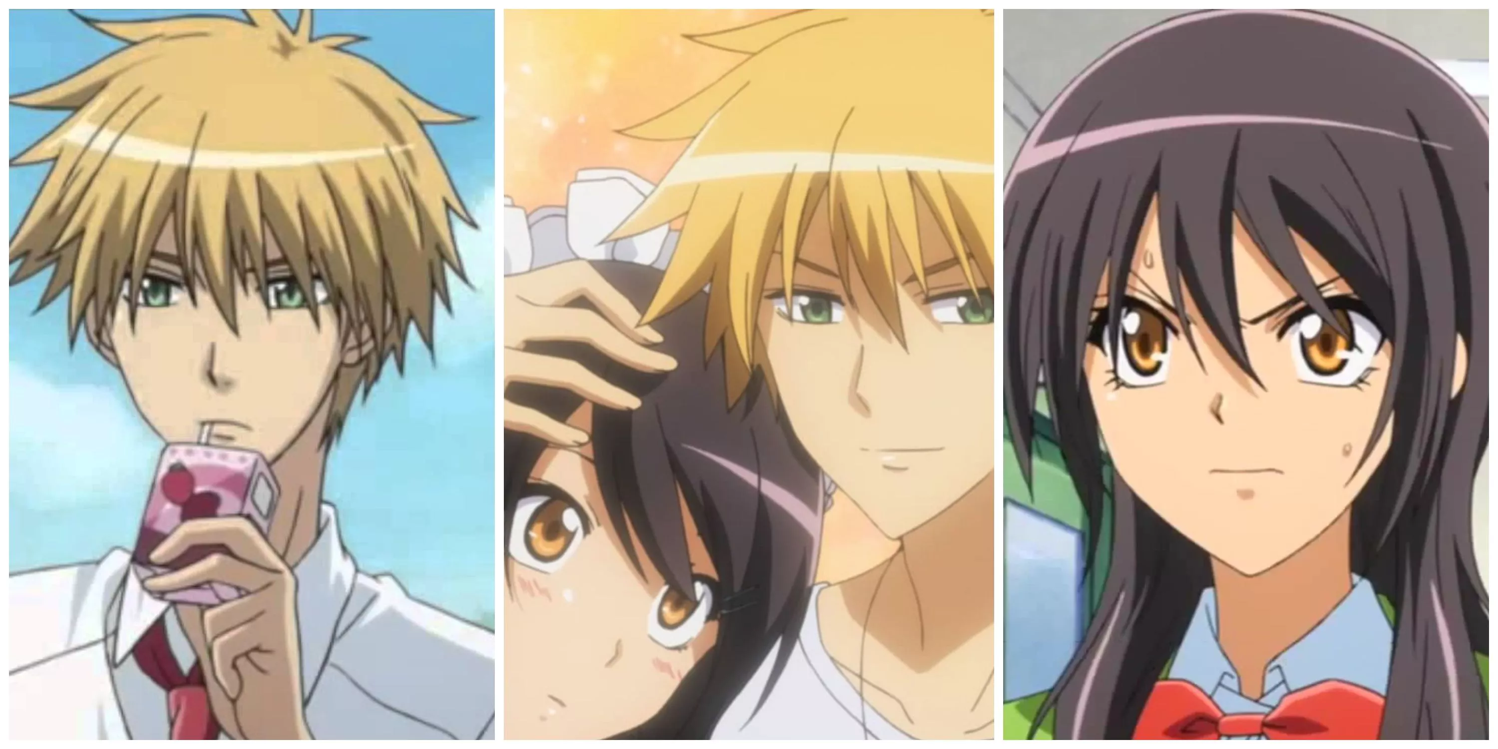 Imagen dividida, Usui bebiendo un jugo y luciendo aburrido, Usui sosteniendo a Misaki, y Misaki luciendo severa en Maid Sama