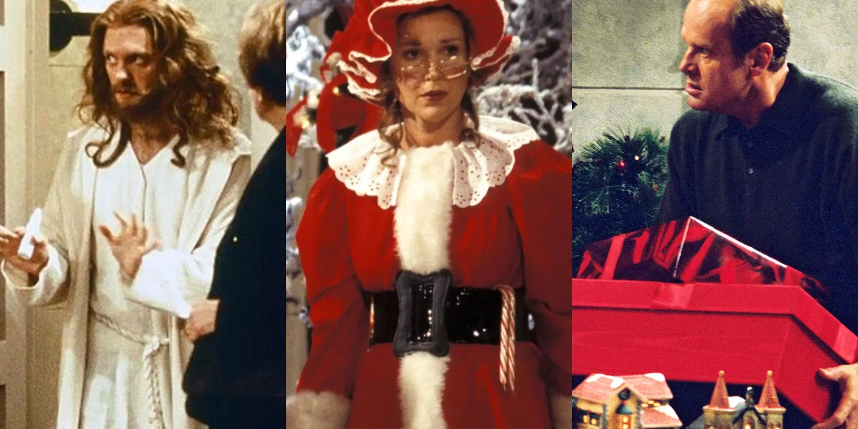 Frasier split image Niles as Jesus, Roz as Mrs Claus, Frasier moves a present