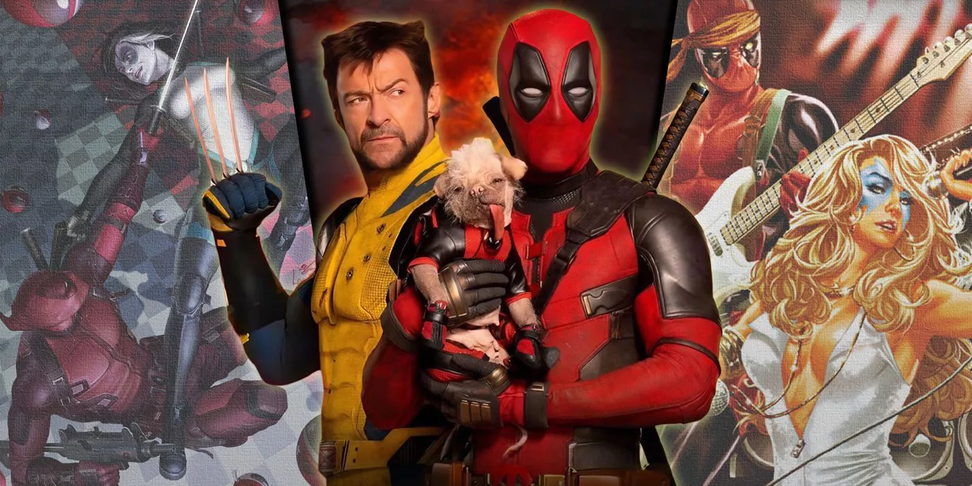 Split image of Deadpool, Wolverine with Dogpool from the movies with Dazzler and Domino from the comics