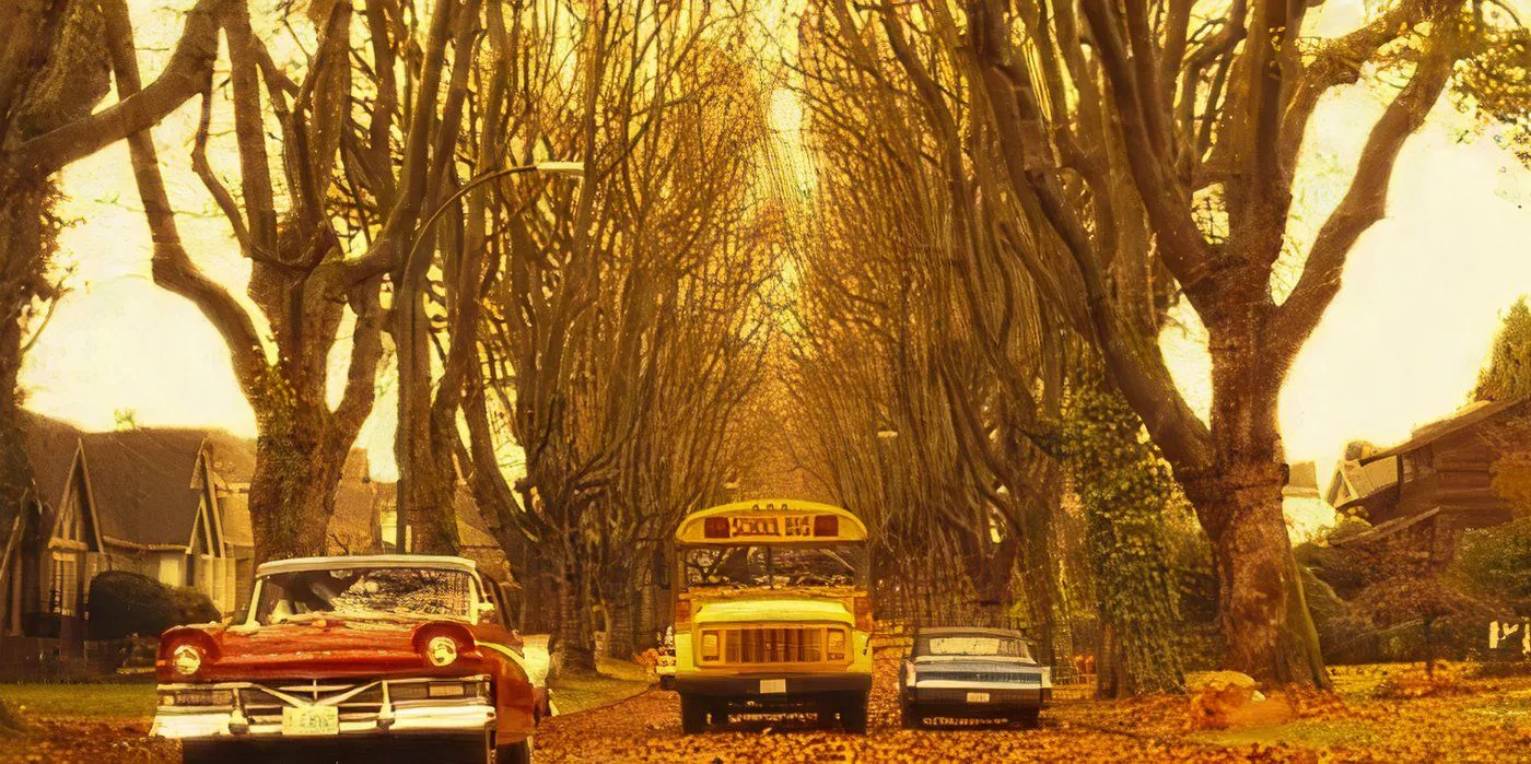 A red Plymouth Fury is sitting on the side of the road in Trick 'r Treat