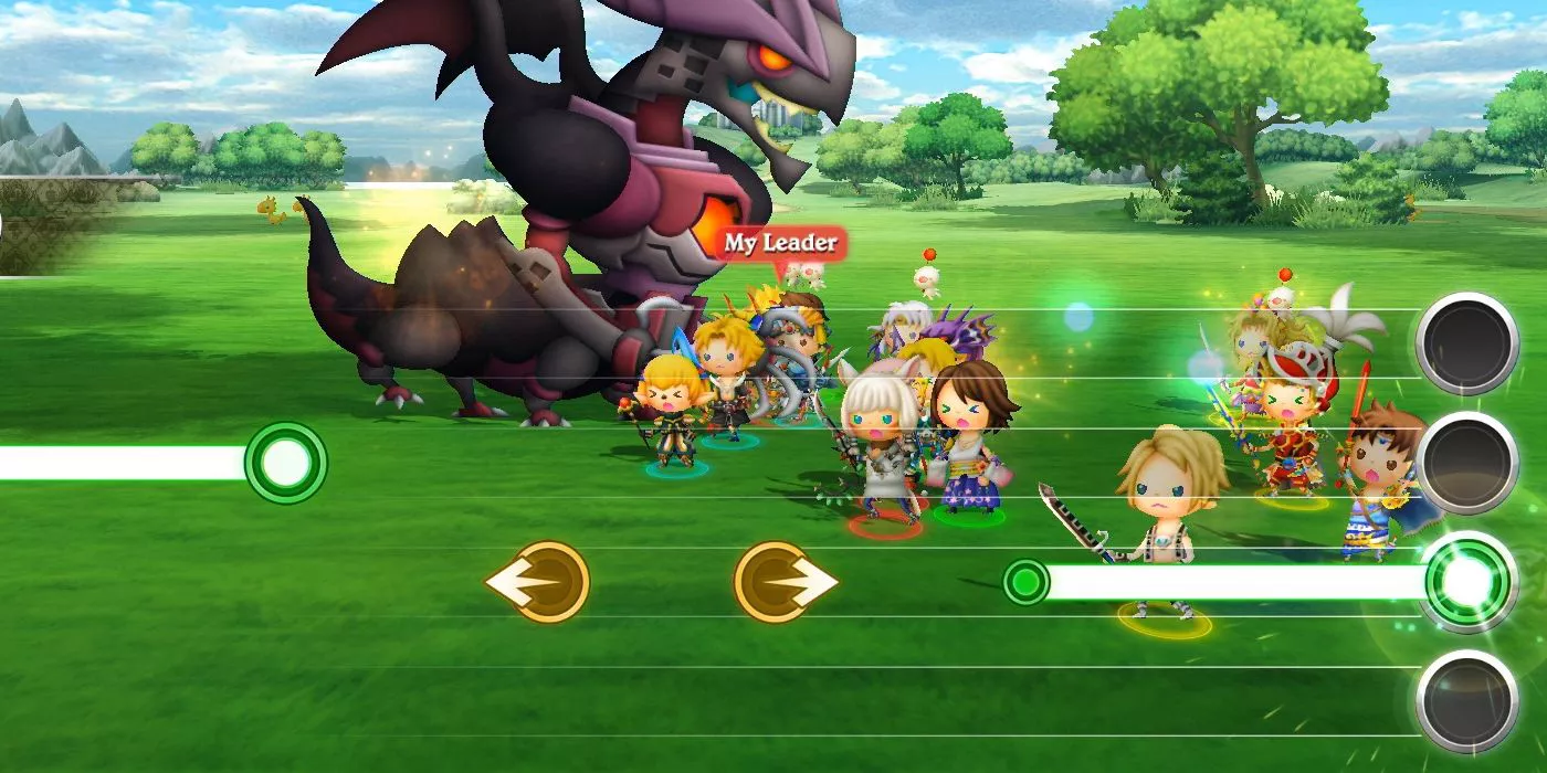 Una batalla con un gran número de miembros de la fiesta en Theatrhythm: Final Fantasy.