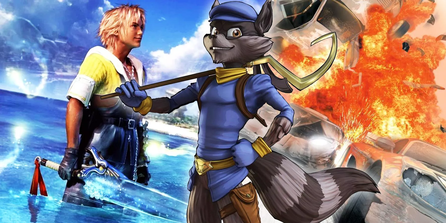 Tidus como se ve en el videojuego Final Fantasy X, Sly como se ve en Sly 2: Band of Thieves y una explosiva carrera de coches de Burnout 3: Takedown