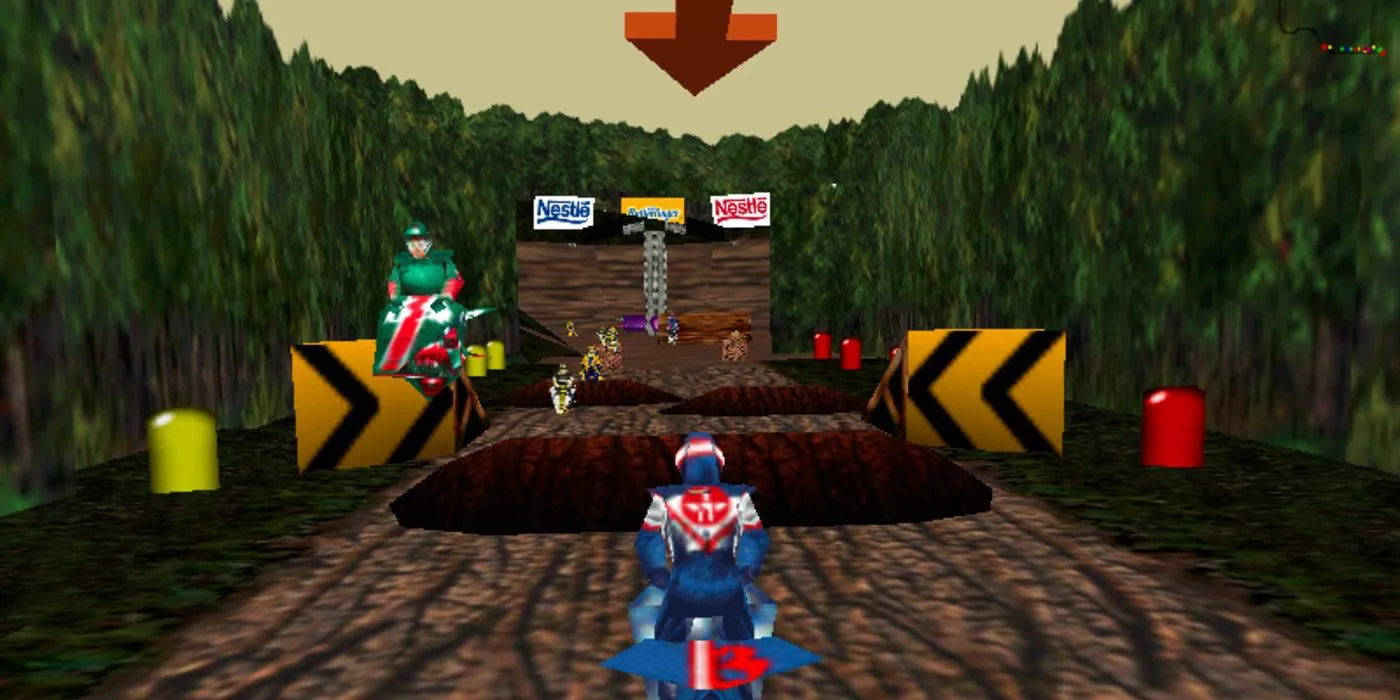 A screenshot of a plyer in Jet Moto about to go over an obstacle.