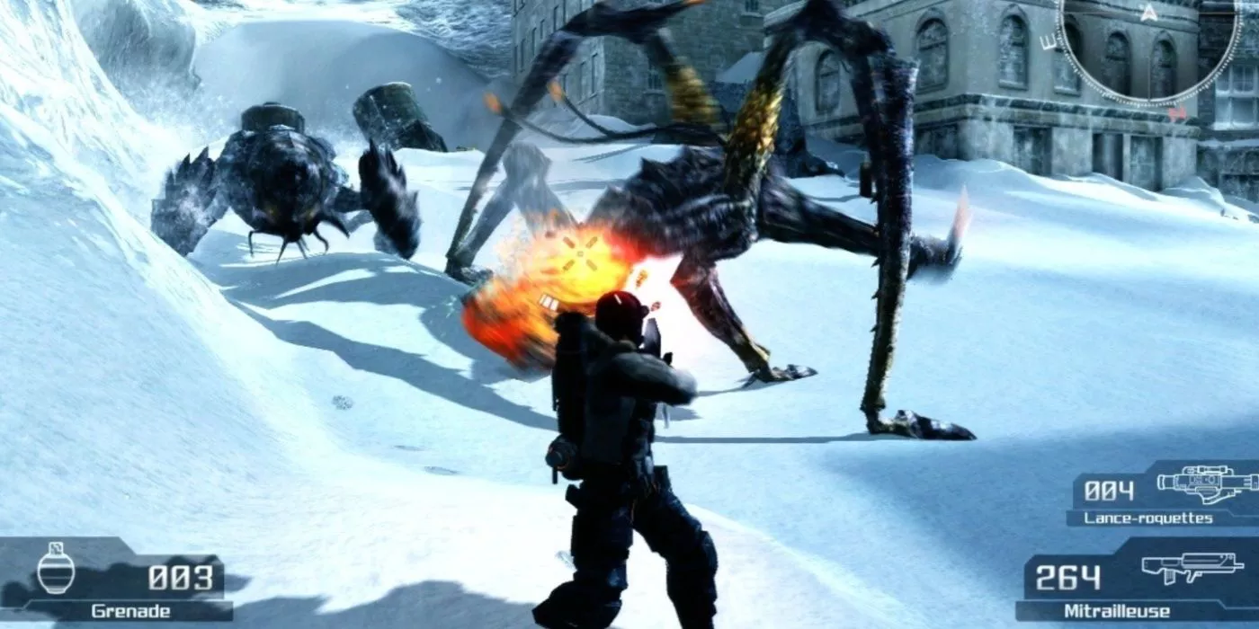 Lost Planet gameplay featuring a character fighting an insectoid alien in the snow.