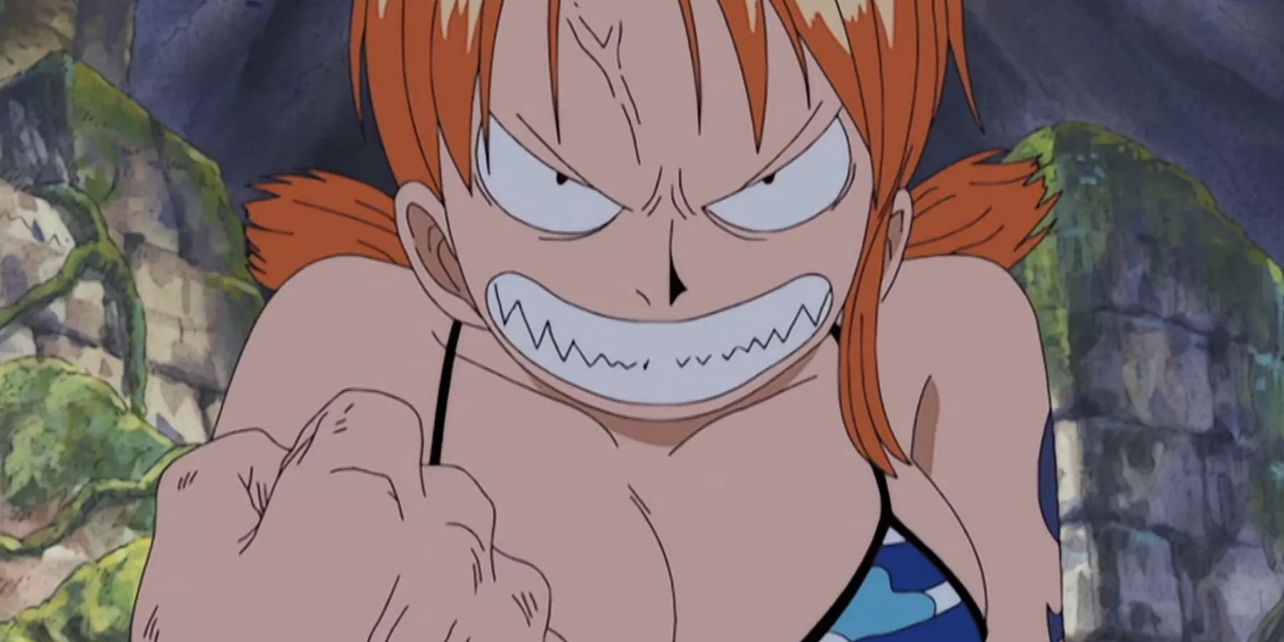 Nami gets angry in the One Piece anime and threatens to punch someone.