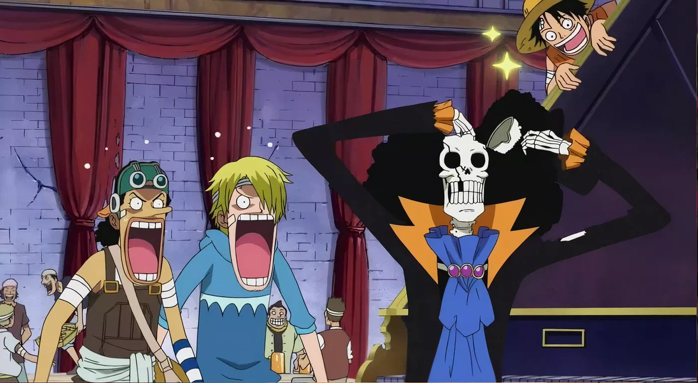 Brook, Sanji, Usopp y Luffy en One Piece