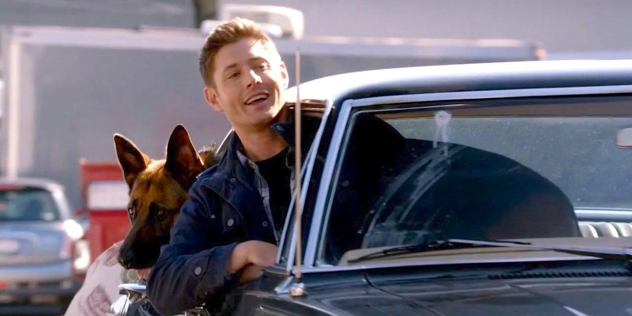 Dean sticks his head out of the car with a german shepard.