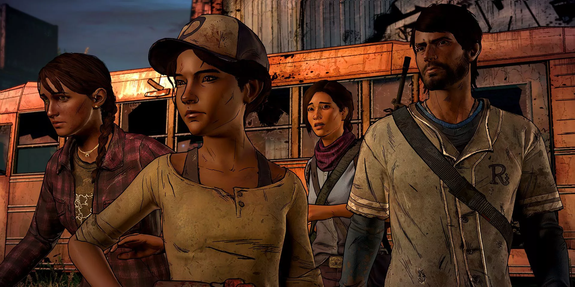 Kate Garcia, Clementine, Eleanor, and Javier Garcia stand in front of a bus in Telltale's The Walking Dead A New Frontier