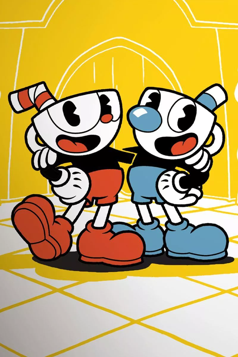 Cuphead and Mugman have their arms over each others' shoulders in the cover art for Cuphead.