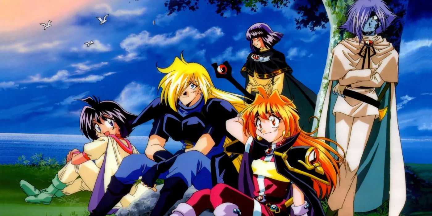 Lina Inverse y el elenco se relajan en el anime Slayers.