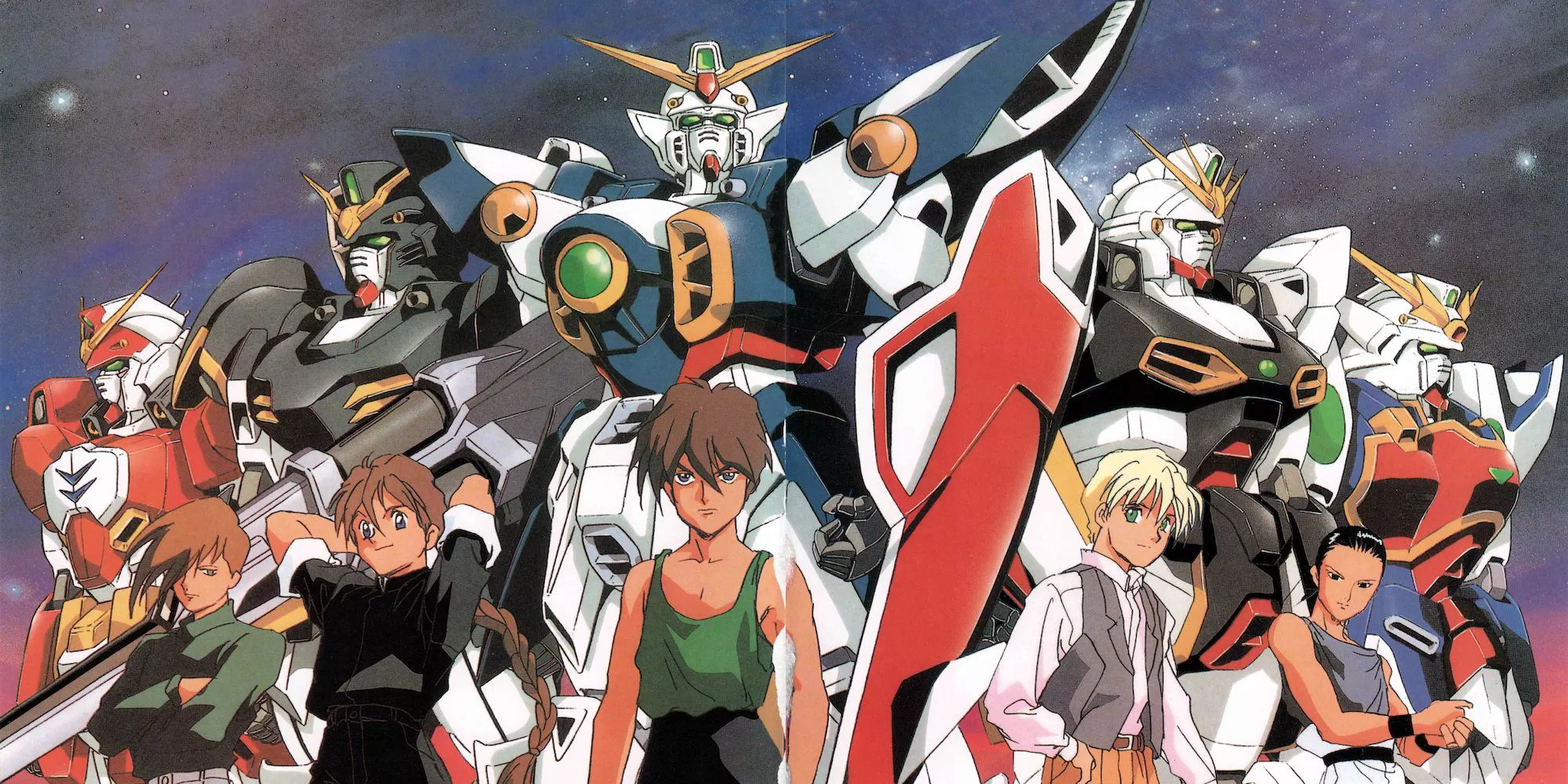 Una imagen de New Mobile Report Gundam Wing que presenta al elenco y sus trajes móviles.