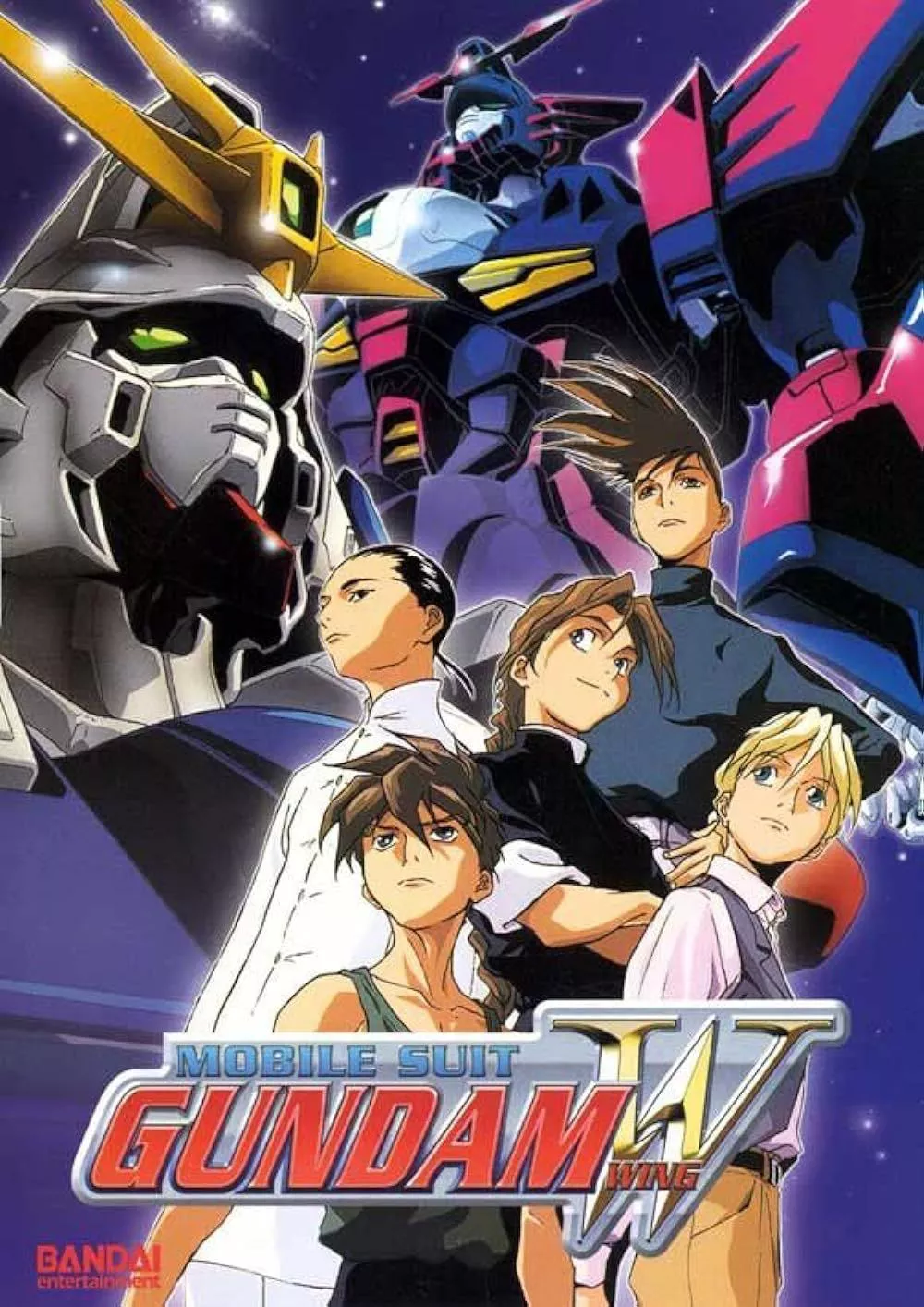 Los personajes principales de Mobile Suit Gundam Wing contra robots mecha en el póster de la serie