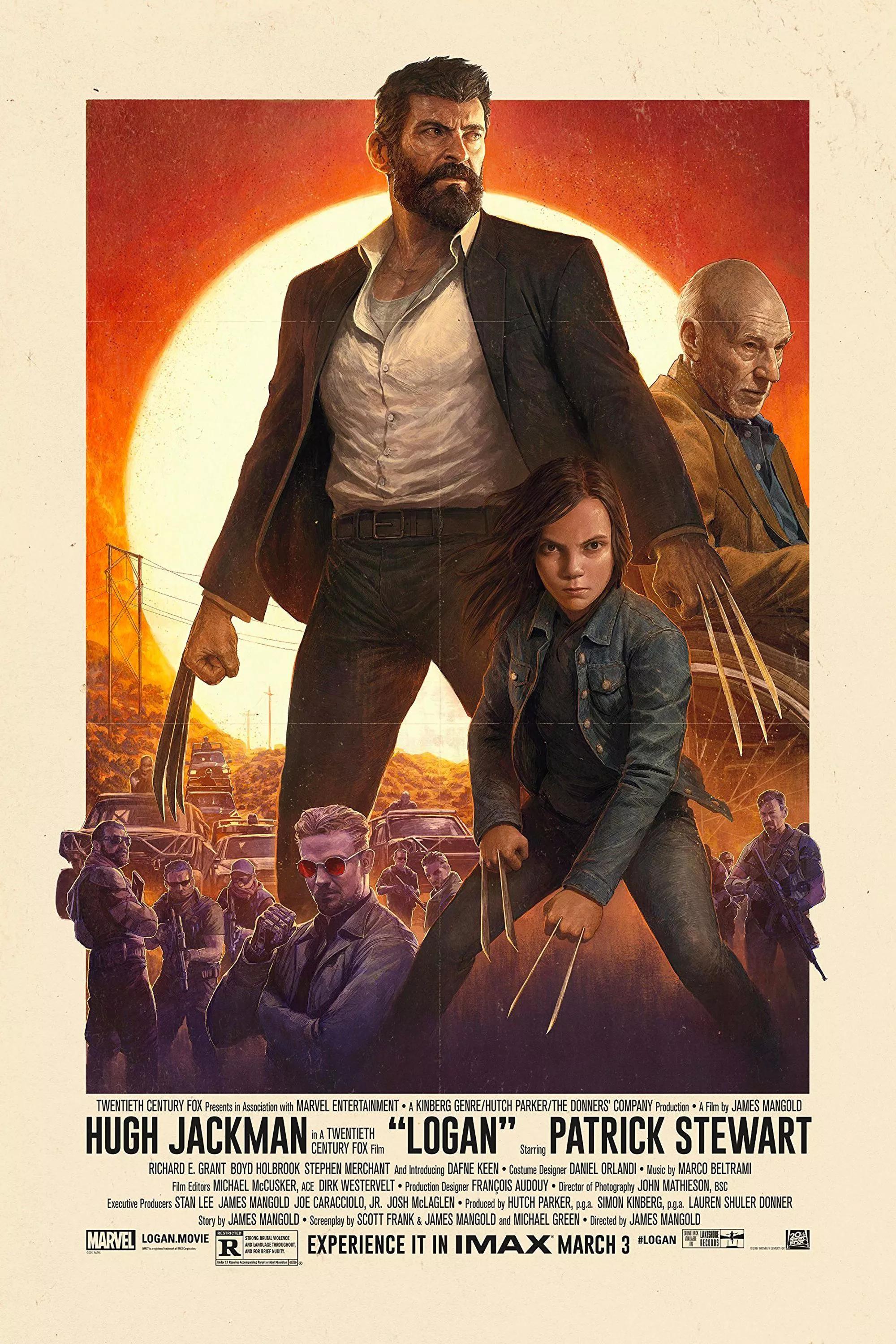 Logan (Hugh Jackman) y Laura (Dafne Keen) tienen sus garras de wolverine afuera mientras están de pie frente a otros personajes de Logan (2017) en el cartel de la película.