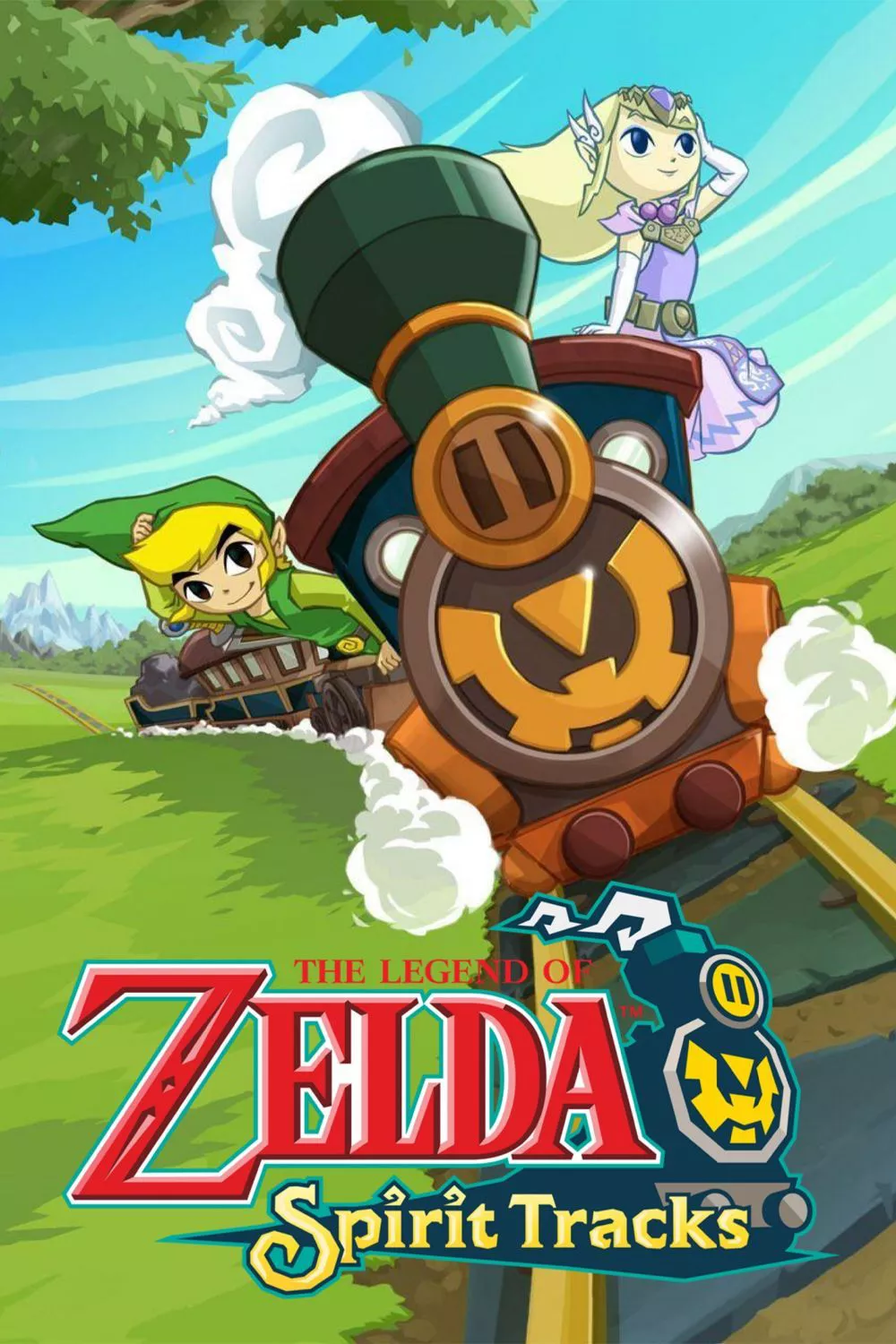 La caja de Spirit Tracks muestra a Link asomándose por la ventana de un tren y el espíritu de Zelda sentado en la parte superior del tren.