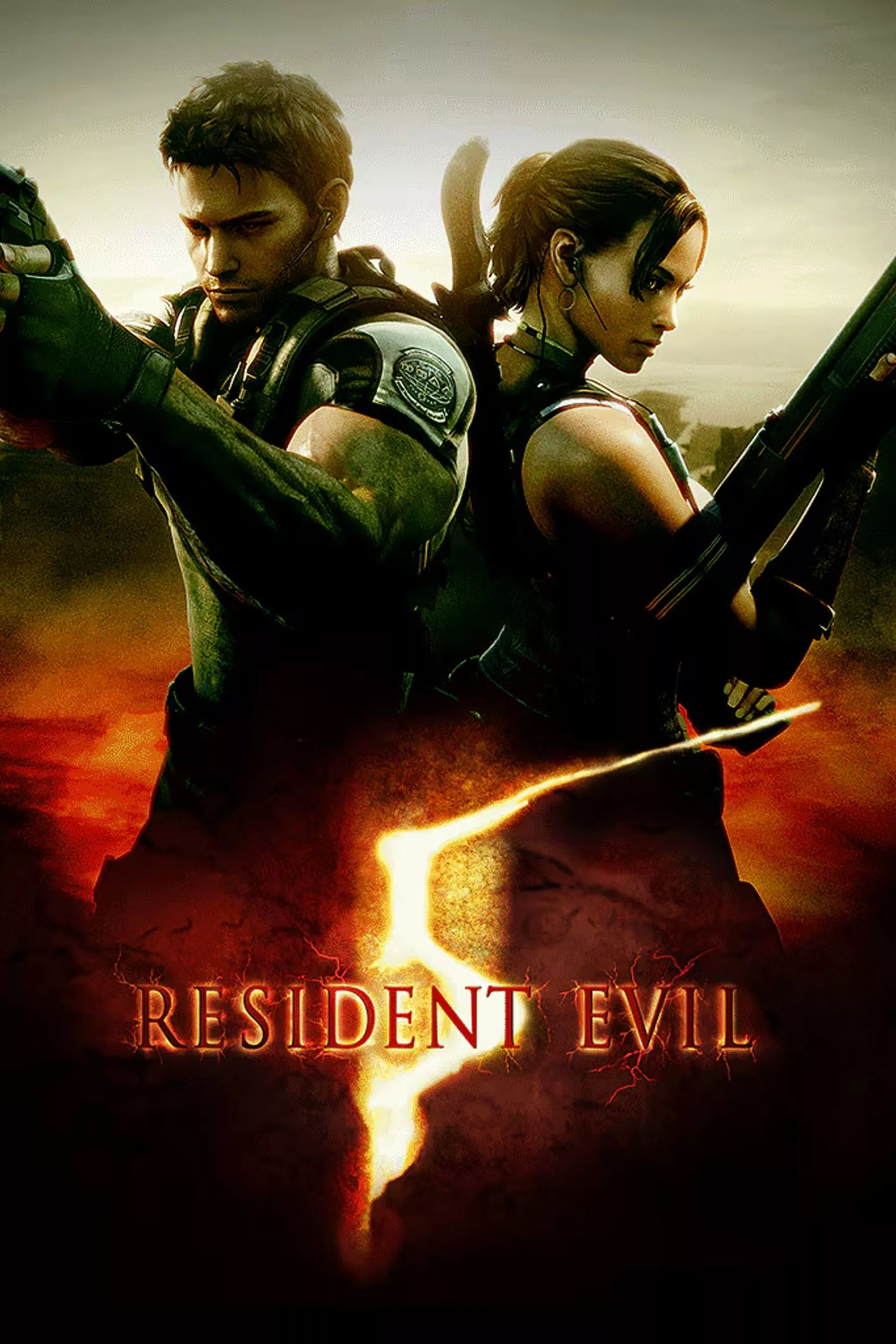 El póster de Resident Evil 5 muestra a Chris Redfield espalda con espalda con Sheva Alomar mientras ambos sostienen armas.