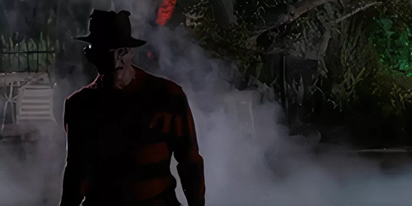 Freddy Krueger is stalking forward after interrupting a pool party in A Nightmare on Elm Street 2: Freddy's Revenge.