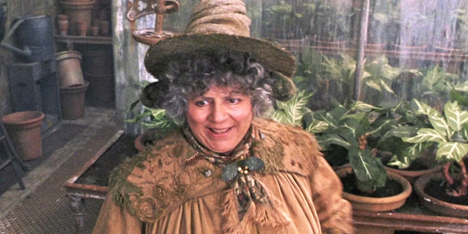 Pomona Sprout smiles in Harry Potter.